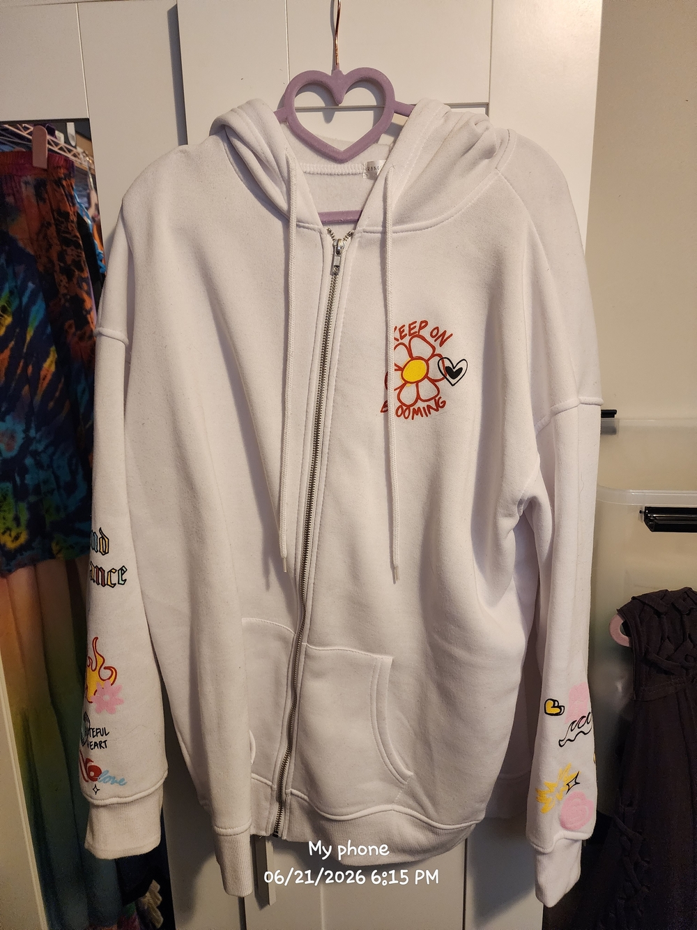 White Teddy Zip Hoodie Jacket with Cheerful Sun Graphic